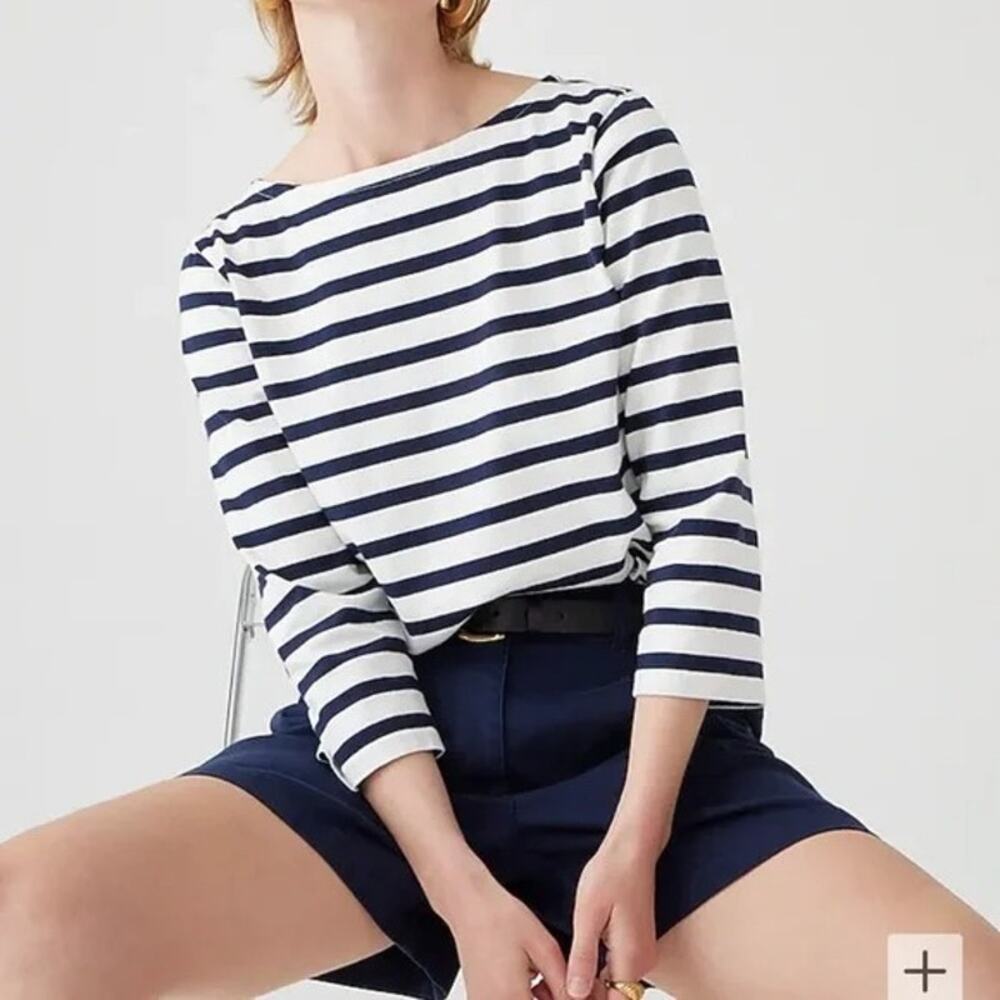 J. Crew Cotton Knit Striped 3/4 Sleeve Boat Neck Sweater XS Navy Blue White